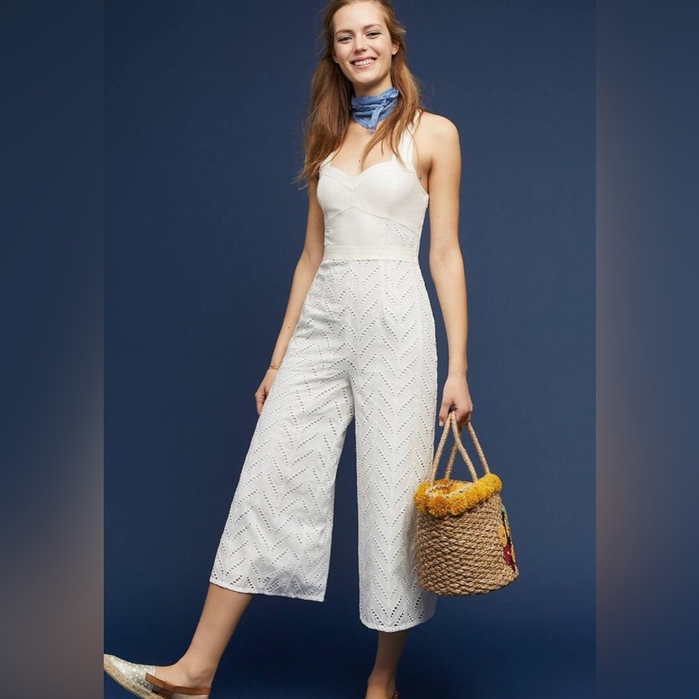 Anthropologie Cream Eyelet Spaghetti-Strap Wide-Leg Jumpsuit